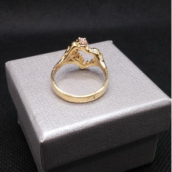 Vintage Hammered Heart Ring Pink Faceted CZ Stone Gold Nugget Rare Art Nouveau - Picture 6 of 15